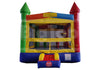 Colorful inflatable bounce house with castle design on a white background