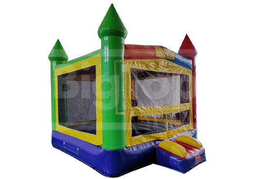 Colorful inflatable bounce house with castle design on a white background
