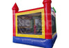 Colorful inflatable bounce house with red, yellow, and blue colors on a white background.