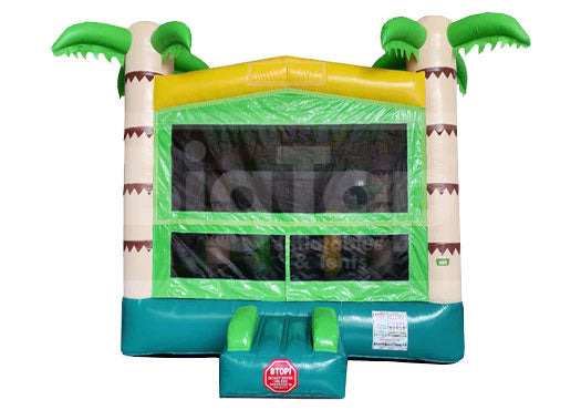 Inflatable bounce house with palm tree design on a white background
