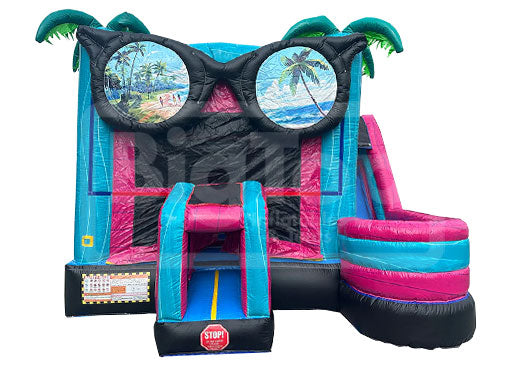 Colorful inflatable slide with sunglasses and beach scene design on a white background