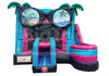Colorful inflatable slide with sunglasses and beach scene design on a white background