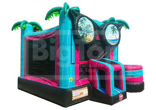 Colorful inflatable bounce house with palm tree design on a white background