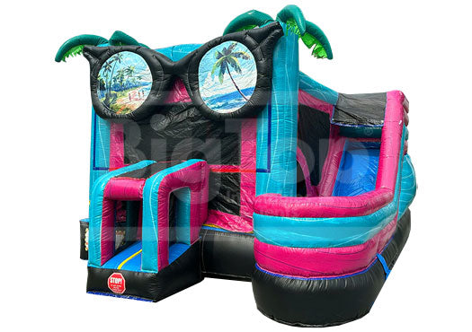 Colorful inflatable slide with tropical scenery on a white background