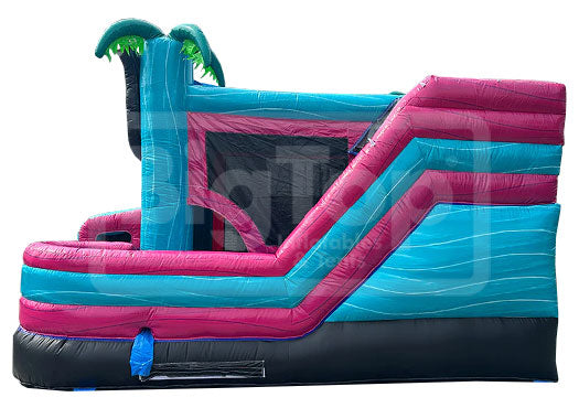 Inflatable slide with pink and blue colors on a white background