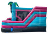Inflatable slide with pink and blue colors on a white background
