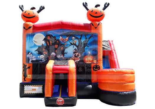 Halloween-themed inflatable bounce house with pumpkin design on a white background