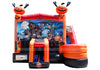 Halloween-themed inflatable bounce house with pumpkin design on a white background