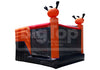 Inflatable bounce house with red and black design on a white background