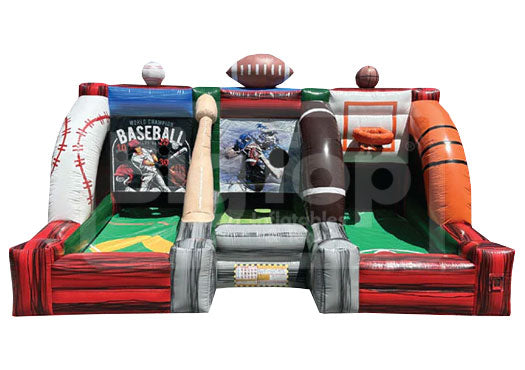 Inflatable sports-themed play structure with various sports equipment and graphics on a white background.