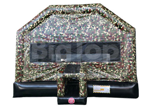 Camo-themed inflatable bounce house with mesh windows, featuring a military camouflage pattern. It includes a basketball hoop and is designed for outdoor play.