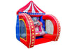 Colorful inflatable bounce house with a cartoon character on a white background