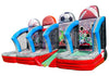 An inflatable sports-themed obstacle course or party game with four angled lanes, featuring soccer, basketball, baseball, and football designs on the walls and targets, set against a plain white background.