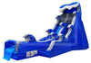 Blue inflatable water slide with white accents on a white background