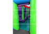 Colorful inflatable bounce house with green, purple, and blue sides on a white background.