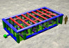 Colorful metal grid structure on a gray floor with a small figure for scale.