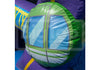 A close-up of a large inflatable bouncy castle featuring a green and blue circular character face with purple inflatable sides and yellow accents.