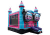 Inflatable castle with pink and blue design on a white background