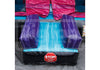 Inflatable slide with purple sides and blue center, featuring a stop sign, on a gray floor.