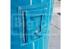Close-up of a blue plastic bag with a pocket on a gray surface