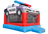 Inflatable police car-themed bouncer with red and blue accents on a white background.