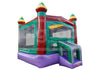 Colorful inflatable bounce house with castle design on a white background