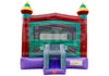 Colorful inflatable bounce house with castle design on a white background