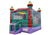 Colorful inflatable bounce house with towers on a white background