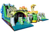 Colorful inflatable obstacle course with dinosaur and snake designs on a white background