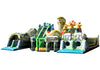Colorful inflatable obstacle course with dinosaur theme on a white background