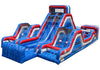 Blue, red, and white inflatable slide structure on a white background
