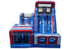 Red and blue inflatable obstacle course on a white background