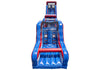 Blue inflatable slide with red accents on a white background