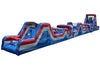 Inflatable obstacle course with blue and red design on a white background