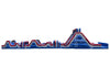 Inflatable obstacle course with red, white, and blue design on a white background