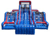 Blue and red inflatable slide on a white background