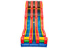 Colorful inflatable slide with red, blue, and yellow sections on a white background