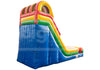 Colorful inflatable slide with a blue base on a white background