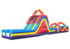 Colorful inflatable obstacle course on a white background