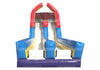 Inflatable water slide with red top and blue sides on a white background