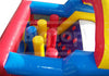 Colorful inflatable playground structure with various colored poles and a visible brand logo.