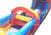 Colorful inflatable obstacle course with slides and tunnels on a white background