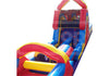 Colorful inflatable slide with red, blue, and yellow colors on a white background