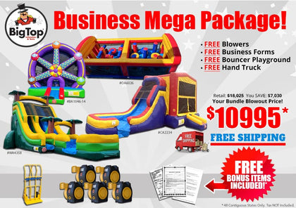 Promotional image of a business mega package with inflatable playground equipment and related items.