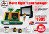 Advertisement for a 'Movie Night Luau Package' with inflatable slide, projector, and other items.