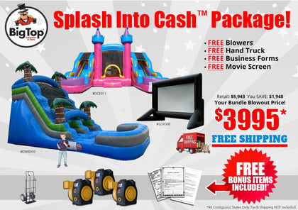 Promotional graphic for 'Splash Into Cash' package with inflatable slide and castle, freebies listed, and BigTop Toys branding.
