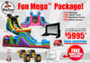 Inflatable slide and castle set with promotional text for 'Fun Mega Package' from BigTop Fun.