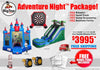 Advertisement for BigTop Adventure Night Package with inflatable castle, slide, and dartboard on a white background.
