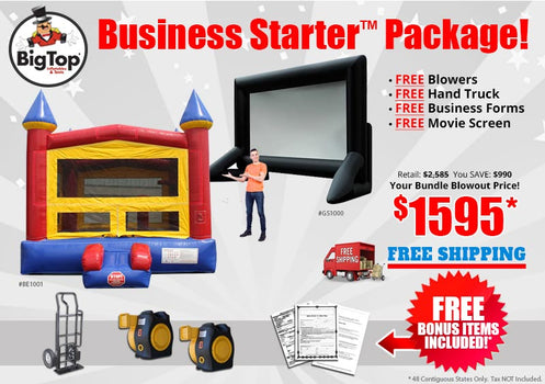 Promotional image of a 'Business Starter Package' with inflatable bounce house, movie screen, and other items.