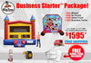 Promotional image of a 'Business Starter Package' with inflatable bouncer and game, featuring BigTop Toys branding.